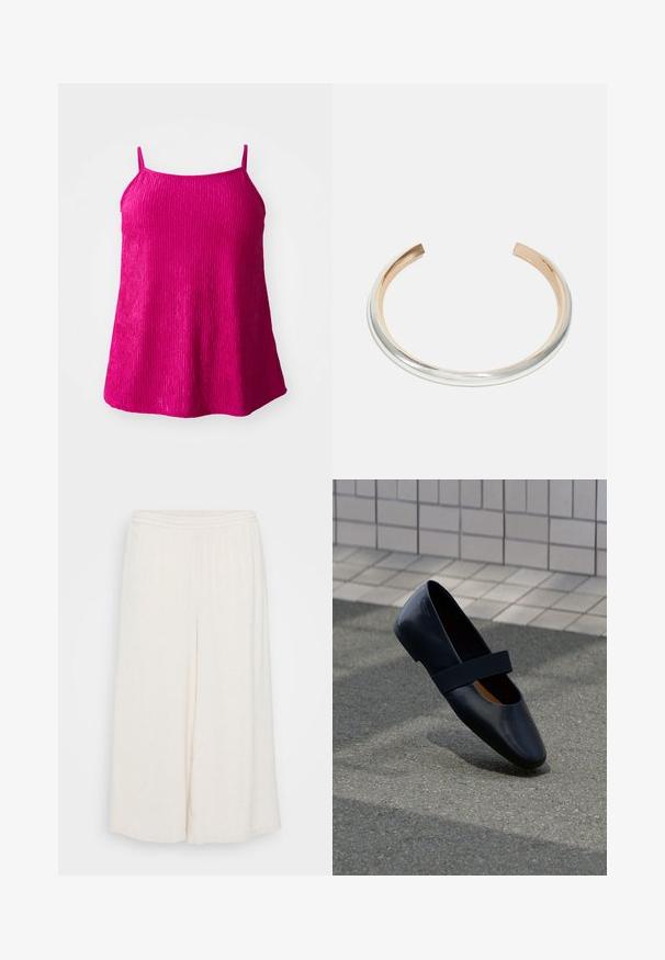 Fuchsia ärmelloses Top mit dünnen Trägern, aus strukturiertem Stoff mit vertikalen Rippmustern; lockere Passform mit abgerundetem Saum.; Weiße Leinen-Culottes mit elastischem Bund, weit geschnittenen Beinen und einer strukturierten Oberfläche. Das Kleidungsstück hat eine lockere, entspannte Passform für maximalen Komfort.; Schwarze Leder-Ballerina mit runder Zehenpartie, ausgestattet mit einem weichen schwarzen Elastikband über dem Vorderfuß. Glatte Textur und minimalistisches Design.; Silber- und roségoldfarbener Armreif mit einer glatten Metallic-Oberfläche, der ein minimalistisches Design und offene Enden für eine verstellbare Größe aufweist.