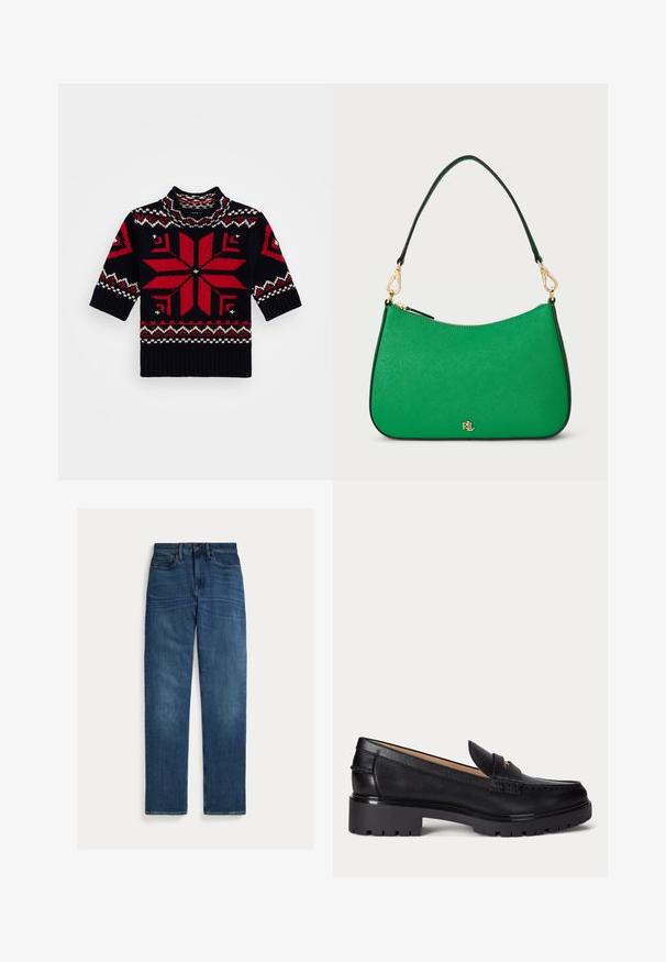 Striktrøje med høj krave, korte ærmer, mørkeblå base med et stort rødt snemandsmønster og geometriske detaljer i rød og krem.; Straight-leg blå denim jeans med fem lommer, knaplukning og subtil falmning på lår og knæ, lagt fladt på hvid baggrund.; Sort læderloafer med grov rillede såler, lav hæl og dekorativ rem over fronten.; Grøn tekstureret håndtaske med en buet form, sort kant og en gylden lynlås. Har et gyldent logo på forsiden og en enkelt skulderrem.