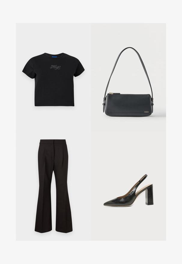T-shirt noir en coton avec des manches courtes, un col rond et une coupe ajustée. Présente un design en strass épelant "HUG" sur le devant.; Pantalons évasés noirs au tissu lisse, dotés d'une taille haute, de poches latérales et de pinces à l'avant pour un détail de design supplémentaire.; Chaussure slingback en cuir noir à bout pointu avec un talon bloc haut et une doublure intérieure beige sur un fond clair uni.; Sac à bandoulière rectangulaire en cuir noir avec fermeture éclair dorée et petit logo "HUGO" doré sur le devant, doté d'une sangle réglable avec boucle.