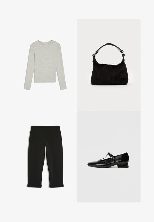 Lysegrå langærmet crewneck-trøje med slim fit og uden synlige mønstre eller logoer, lagt fladt på en hvid baggrund.; Sorte knælange leggings med enkelt design og elastisk taljebånd på hvid baggrund.; Sorte Mary Jane-sko i læder med spids tå, lille blokhæl og justerbar rem med sølvspænde. Glat, blank tekstur.; Sort faux fur håndtaske med en blød tekstur, rund form og en robust skulderrem i sort læder. Synlige sølvhardware-detaljer.