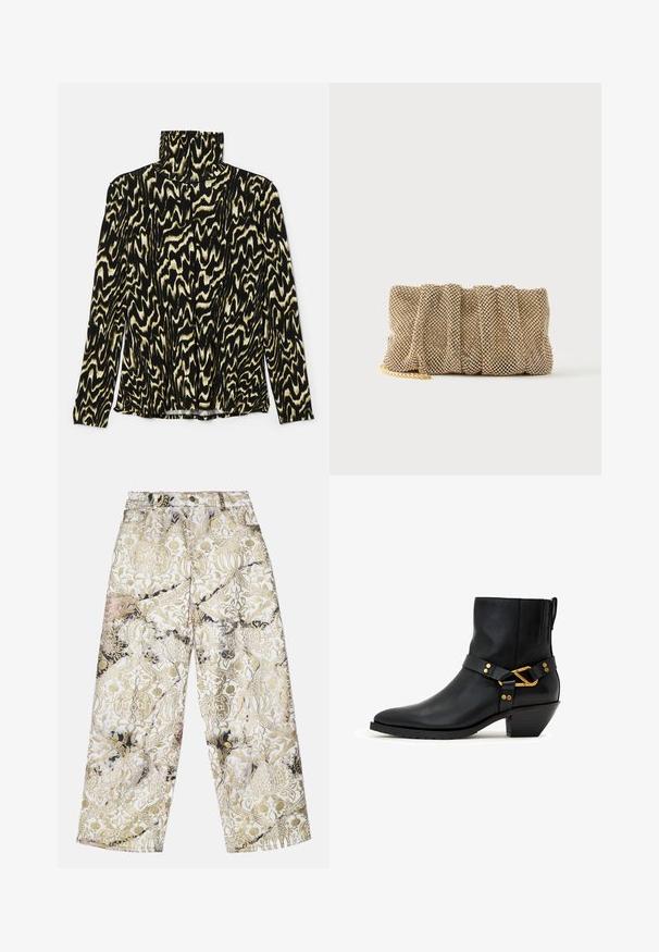 Sort og creme mønstret langærmet bluse med høj krave, lavet af et glat, strækbart stof med et bølget, abstrakt design.; Bredde bukser lavet af et tekstureret stof med et guld- og sort damaskmønster på en hvid baggrund, med en høj talje.; Sort læderankelstøvle med lavt vinklet blokhæl, spids tå og dekorativ spænde og nitter i guldfarvet metal på sidelæderrem.; Lille gylden mesh clutch taske med et rynket design og en delvist synlig guldkæde på en ensfarvet hvid baggrund.