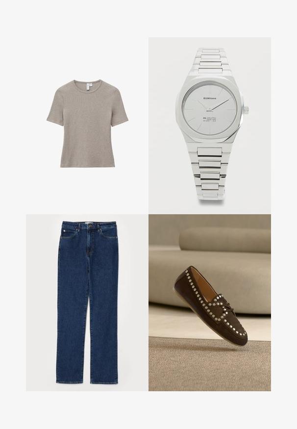 Beige kortærmet t-shirt med rund halsudskæring. Lavet af ribbet stof, med lige snit og en blød tekstur. Minimalistisk design.; Denim jeans i mørkeblå farve, lige ben design, fem-lommer stil, med en robust talje og synlige syning detaljer.; Brune ruskind loafers med sølvnitter langs siderne, afrundet tåform og en sløjfe foran. Flad sål med minimal tekstur.; Sølvfarvet metal D1Milano ultratyndt armbåndsur med minimalistisk hvid urskive, slanke timeindikatorer og ledet armbånd.