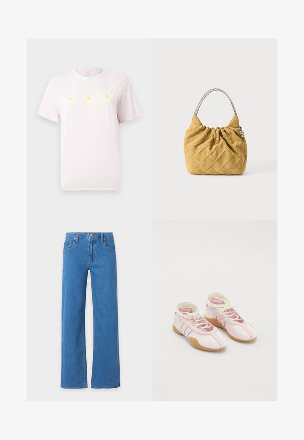 Lyserød kortærmet t-shirt med et frontprint af tre hvidblomstrede tusindfryd med gult centrum og små gule prikker.; Blå denimjeans med lige, let brede ben, forlommer, bæltestropper og knaplukning i taljen.; Lyserøde lærredssko med en blød overflade, der har snørebåndsdesign og en gummisål. Dekorative detaljer og tre striber på siden.; Blød quiltet håndtaske i sennepsgul med sølvkædehåndtag og samlet topdetalje på en ensartet lys baggrund.