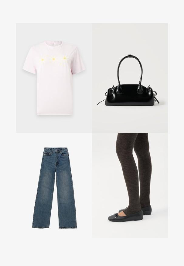 Camiseta de manga corta de color rosa claro con un estampado frontal de tres margaritas blancas con centro amarillo y pequeños puntos amarillos.; Jeans de mezclilla azul de pierna ancha con cintura alta, cinco bolsillos y costuras en contraste. Desvanecimientos y ligerasImperfecciones visibles en la tela.; Piernas con leggings oscuros acanalados combinados con bailarinas negras que presentan pequeños detalles de lazo sobre un fondo blanco.; Pequeño bolso negro brillante con dos asas largas y detalles de cordón lateral sobre un fondo claro liso.