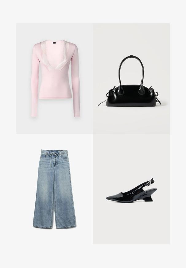 Top de manga larga en tejido rosa claro con un escote en V profundo que cuenta con un borde de encaje a lo largo del cuello. Textura suave y diseño ajustado.; Jeans de pierna ancha de color azul claro, hechos de denim, con cintura elástica y cordón, que cuentan con bolsillos frontales y una textura deslavada.; Zapato slingback de cuero charol negro con puntera puntiaguda y tacón bajo en bloque inclinado sobre fondo claro liso.; Pequeño bolso negro brillante con dos asas largas y detalles de cordón lateral sobre un fondo claro liso.