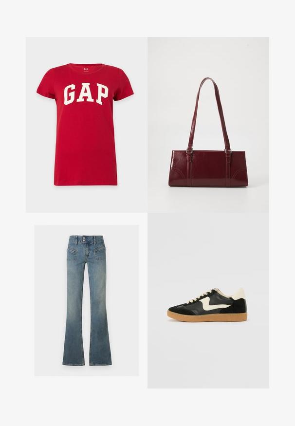 T-shirt rouge à manches courtes avec un grand logo GAP blanc sur la poitrine, présenté sur un fond uni.; Jean en denim bleu taille haute avec double fermeture à boutons, fermeture éclair devant, poches zippées et jambes évasées sur fond uni.; Baskets en daim et cuir noir avec un swoosh latéral crème et un talon crème clair. Dotées de lacets beige et d'une semelle en caoutchouc gomme.; Sac à main bordeaux en matériau brillant, de forme rectangulaire, avec deux anses et des accents légèrement courbés à l'avant.