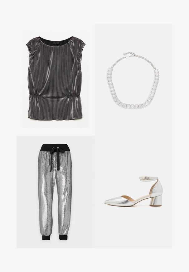 Haut sans manches noir métallique avec un design plissé, encolure arrondie et ourlet froncé. Étiquette de la marque "ANNA FIELD" visible à l'intérieur.; Pantalons jogger en sequins argentés avec une taille élastique noire, un cordon de serrage et des poignets noirs aux chevilles pour un ajustement fuselé.; Chaussure argentée métallique à bout pointu, avec un petit talon bloc, une bride de cheville et une boucle sur fond blanc.; Collier en ton argent présentant une série de pierres taillées rectangulaires transparentes montées sur un design de chaîne liée, avec un fermoir ajustable.