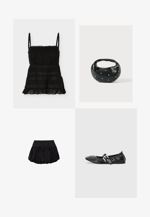 Sort ærmeløs top med tynde stropper, blonder trim ved halsudskæringen og kanten samt vandrette teksturerede striber på stoffet.; Sort mini-nederdel med en struktureret talje og et voluminøst, samlede design. Lavet af letvægtsstof med en glat tekstur.; Sorte læder flade sko med spids tå, samling detaljer omkring åbningen, og en sølv spænde accent på den justerbare rem.; Sort læderhåndtaske med en rundet form, dekoreret med sølvnitter, og et kort håndtag. Glat tekstur og lynlåslukning.