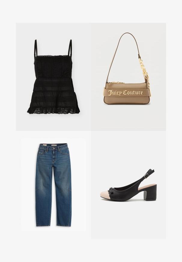 Schwarzes ärmelloses Top mit dünnen Trägern, Spitzenbesatz am Ausschnitt und Saum sowie horizontalen, strukturierten Streifen auf dem Stoff.; Blaue Denim-Jeans mit einer lockeren Passform, hoher Taille, geraden Beinen, sichtbaren Nähten und einem kleinen Akzent am linken Knie.; Schwarzer Slingback-Schuh mit einer beigen Zehenpartie, runder Form, niedrigem Blockabsatz, dekorativem Schleifenakzent und gewelltem Randdesign.; Schultertasche von Juicy Couture in Taupe mit goldener Kettendetail und goldfarbenem Logo-Schriftzug auf dem vorderen Riemen, Reißverschluss am oberen Verschluss.