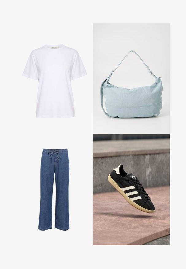 Witte T-shirt met korte mouwen en ronde hals in een losse pasvorm, gemaakt van gladde stof, afgebeeld op een witte achtergrond.; Denim wijde pijpen broek met een trekkoord in de taille, in een middelblauwe kleur, rechte snit en subtiele stikseldetails.; Zwarte Adidas sneaker met witte strepen en beige zool, vastgelegd in de lucht boven een stenen oppervlak en een stenen muur op de achtergrond.; Lichtblauwe denim schoudertas met een ronde vorm, verstelbare schouderband en subtiele stiksels langs de onderrand. Zachte textuur.