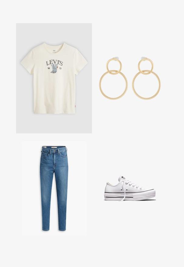 Weißes Levi's T-Shirt mit kurzen Ärmeln, auf der Brust mit einer Grafik blauer Cowboy-Stiefel und "LEVI'S 1873" bedruckt.; Hoch taillierte blaue Jeans aus Denim mit einem klassischen Fünf-Taschen-Design, genähten Details und einer schmalen Passform mit schmal zulaufenden Beinen.; Weißer Sneaker aus Segeltuch mit niedrigem Schnitt, weißen Schnürsenkeln, Gummisohle, schwarzen Streifendetails und Logopatch auf der Zunge und Ferse.; Glockenförmige Ohrringe aus goldfarbenem Metall mit einem kleinen Kreis, der mit einem größeren Kreis verbunden ist, und einem Steckverschluss.