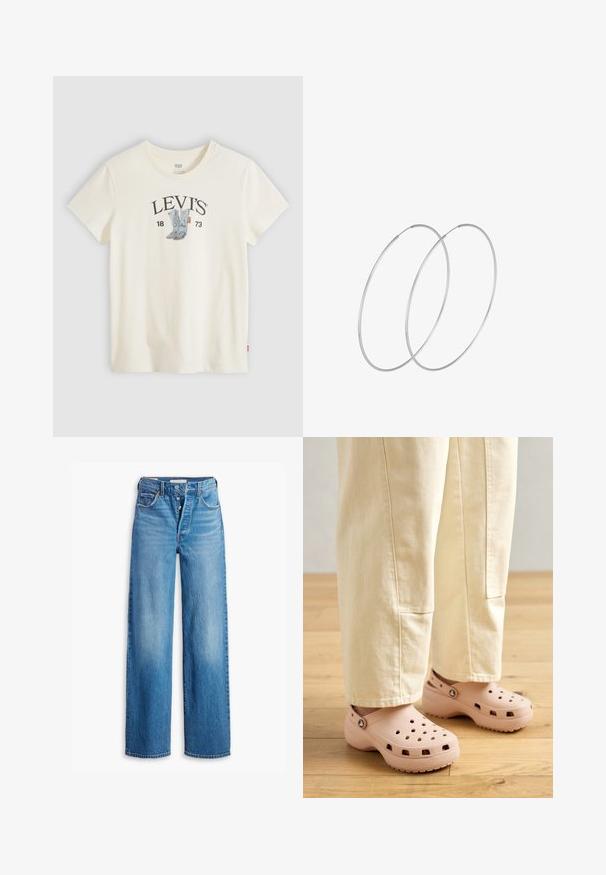 Witte Levi's T-shirt met korte mouwen met een afbeelding van blauwe cowboylaarzen en "LEVI'S 1873" gedrukt op de borst.; Blauwe spijkerbroek met een hoge taille, wijde pijpen en vijf-pocketstijl. Voorzien van een knopenfly en een vervaagde afwerking.; Lichtroze klompen van rubber, met ventilatiegaten, een gevormde pasvorm en een geprofileerde zool voor grip. Draagt in combinatie met lichtbeige broek.; Zilveren hoepel oorbellen met een minimalistisch ontwerp. Cirkelvormig, gladde textuur en dun profiel. Lichtgewicht met een gepolijste afwerking.
