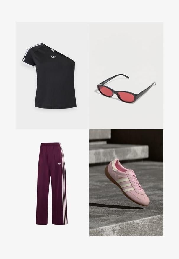 Μαύρο one-shoulder μπλουζάκι Adidas με λευκή επένδυση στο κοντό μανίκι και λογότυπο κεντραρισμένο κοντά στη λαιμόκοψη.; Μπορντό παντελόνι φόρμας Adidas με ελαστική μέση, τρεις λευκές ρίγες στο πλάι, τσέπη με φερμουάρ και κεντημένο λογότυπο στο αριστερό μηρό.; Ροζ σουέντ αθλητικό παπούτσι με τρεις λευκές ρίγες, δέσιμο με κορδόνια, σόλα από καουτσούκ και χρυσή λεπτομέρεια λογότυπου στο πλάι. Μαλακή υφή με στρογγυλεμένο σχήμα.; Μαύρα οβάλ γυαλιά ηλίου με λεπτούς βραχίονες και κόκκινα φακούς, τοποθετημένα πάνω σε λευκή επιφάνεια.