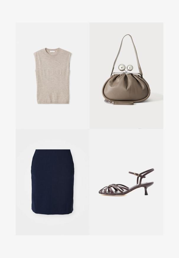 Lys beige ærmeløs top lavet af blødt materiale, med rund hals, rene linjer og en let løs pasform. Minimalistisk design.; Navy blyantskørter lavet af tekstureret stof, knælang, med en tætsiddende design og uden synlige lukninger eller udsmykninger.; Mørkebrun læder sandal med smalle remme, kitten heel og justerbar ankelrem med spænde på hvid baggrund.; Grå læderhåndtaske med rundet form, toplås med to store sølvkugler og en enkelt strop.
