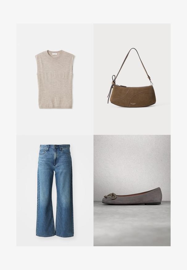 Top sin mangas color beige claro, hecho de material suave, con cuello redondo, líneas limpias y un ajuste ligeramente holgado. Diseño minimalista.; Jeans de mezclilla azul de pierna ancha con una cinturilla de altura media, cinco bolsillos y un ligero desvanecimiento. Las características incluyen presillas para el cinturón y detalles de costura.; Bailarinas de ante gris con puntera redonda, adorno de cuerda anudada y un sutil ribete en contraste a lo largo del borde. Suela plana y flexible.; Bolso de hombro de ante marrón con correa corta, cierre de cremallera y detalles sutiles de costura curva.