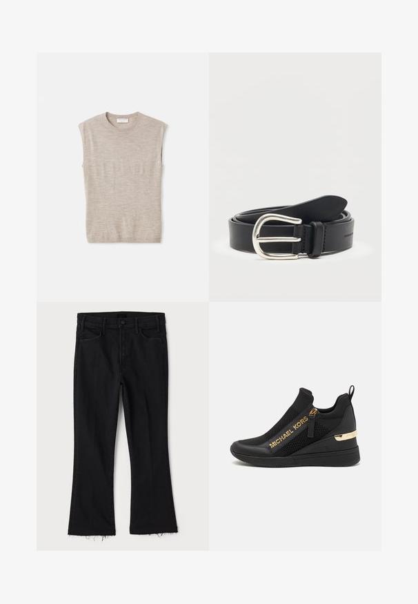 Lys beige ærmeløs top lavet af blødt materiale, med rund hals, rene linjer og en let løs pasform. Minimalistisk design.; Mother LIL HUSTLER FRAY - Jeans Bootcut - black denim; Sorte atletiske sneakers med mesh-paneler, gulllogo-detaljer, slip-on design og en kilehæl for ekstra højde. Gummisål.; Sort læderbælte rullet med en sølv metal rundet spænde på en ens hvid baggrund.