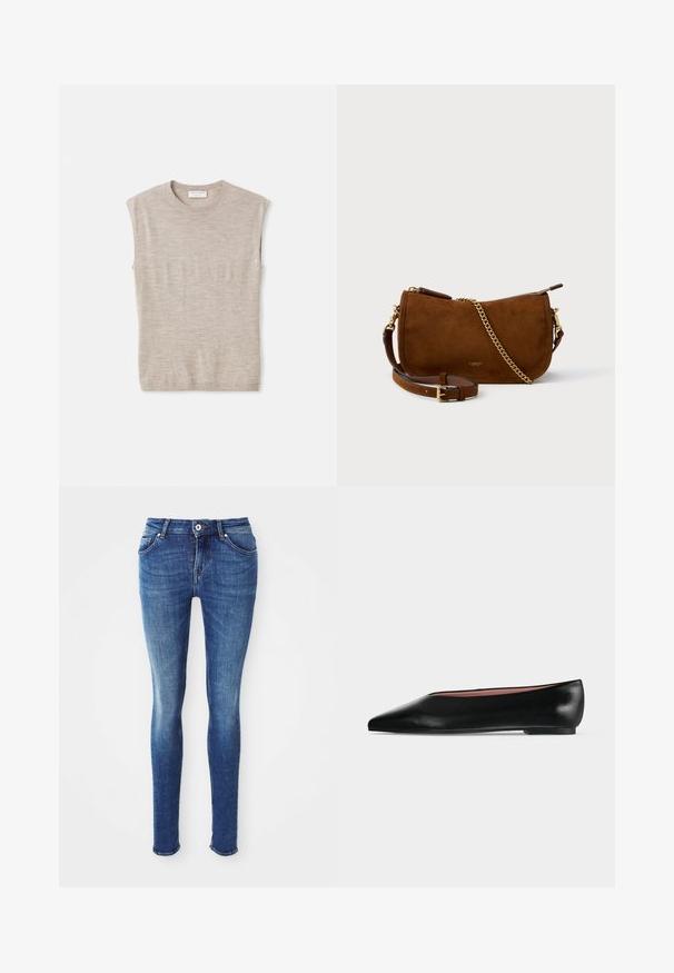 Kerge beež ilma varrukatop, mis on valmistatud pehmest materjalist, millel on ümar kaelus, puhtad jooned ja veidi vabam istuvus. Minimalistlik disain.; Sinised teksad slim-fit stiilis, siledast kangast, keskmise tõusuga talje, viie taskuga ja kergelt pleekinud reite piirkonnas. Omab metallist nööpi ja tõmblukk.; Mustast nahast naiste madala kontsaga ja terava ninaga king, külgvaates hästi nähtav helehallil ühtlasel taustal.; Pruun nahkristmikott tekstureeritud viimistlusega, kullatud kettaktsentiga ja reguleeritava nahkrahi. Omab lukuga sulgemist.
