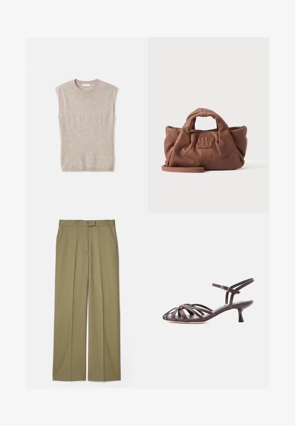 Lys beige ærmeløs top lavet af blødt materiale, med rund hals, rene linjer og en let løs pasform. Minimalistisk design.; Kaki plisserede bukser med lige ben, lavet af struktureret stof, med to sidelommer og en glat talje.; Mørkebrun læder sandal med smalle remme, kitten heel og justerbar ankelrem med spænde på hvid baggrund.; Blød brun lædertaske med korte håndtag, et forrest syet logo og en aftagelig lang rem på en enkel lys baggrund.