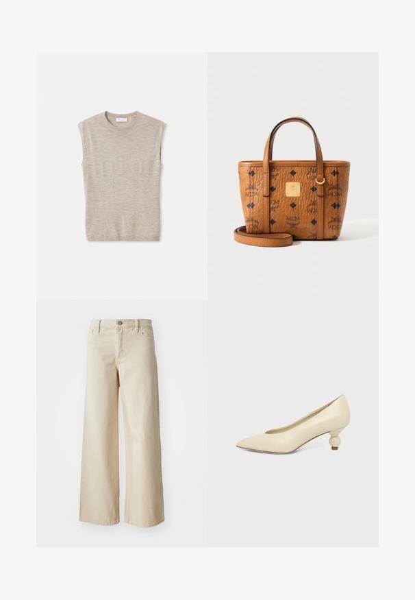 Lichtbeige mouwloze top van zacht materiaal, met een ronde hals, strakke lijnen en een iets losse pasvorm. Minimalistisch ontwerp.; Beige wijdvallende jeans van denim, met een hoge taille, knoopsluiting, riemlussen en zijzakken. Gladde textuur en relaxed fit.; Dames schoen in roomkleur met een puntige neus en een lage, ronde balvormige hak op een effen achtergrond.; Bruine leren MCM handtas met zwart logopatroon, twee handvatten, een afneembare schouderband en een klein gouden metalen merkembleem aan de voorkant.