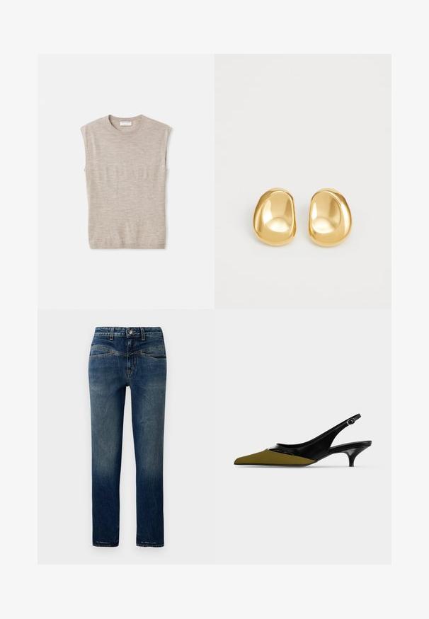 Kerge beež ilma varrukatop, mis on valmistatud pehmest materjalist, millel on ümar kaelus, puhtad jooned ja veidi vabam istuvus. Minimalistlik disain.; Tumedat sinisema denim-püksid otse lõikega, kerge pleekimisega, oranžade õmblustega ja nööpkinnitusega vöökohtades.; Kitten kontsaga kingad musta läikiva ja oliivrohelise naha ning väikese pandlaga rihmaga ja madala kontsaga.; Kuldsete stud-kõrvarõngastega, millel on siledad, ümarad kujundid ja peegeldav pind, näidates minimalistlikku disaini ning ilma nähtavate mustriteta.
