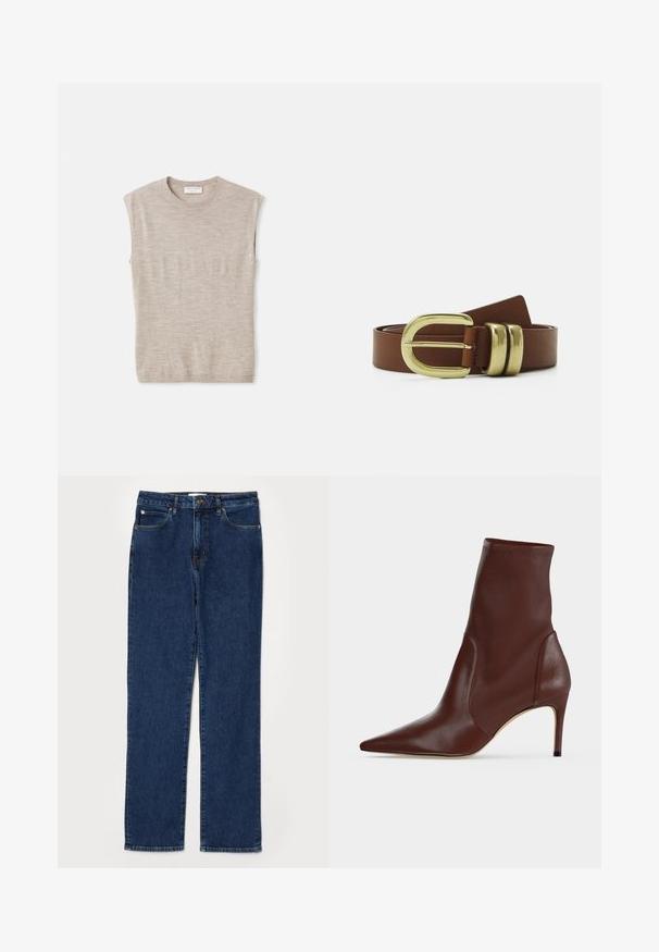 Lys beige ærmeløs top lavet af blødt materiale, med rund hals, rene linjer og en let løs pasform. Minimalistisk design.; Denim jeans i mørkeblå farve, lige ben design, fem-lommer stil, med en robust talje og synlige syning detaljer.; Mørkebrun læderankelstøvle med spids snude og slank høj hæl mod en ensfarvet lys baggrund.; Brun læderbælte med en guldtonet, dobbelt-prong spænde og to dekorative bånd. Glat tekstur, enkelt design.