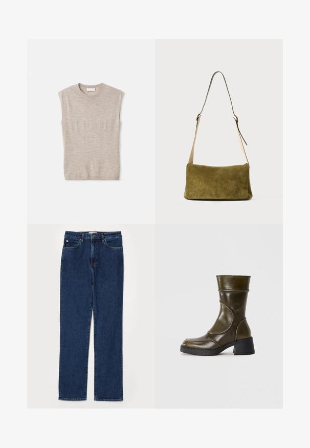 Lys beige ærmeløs top lavet af blødt materiale, med rund hals, rene linjer og en let løs pasform. Minimalistisk design.; Denim jeans i mørkeblå farve, lige ben design, fem-lommer stil, med en robust talje og synlige syning detaljer.; Olivengrøn læder ankelstøvle med rund tå, elastisk panel og en chunky sort hæl. Glat overflade og subtilt syede detaljer.; Olivengrøn ruskinds skuldertaske med en glat, rektangulær form. Har en lang, justerbar læderrem og minimalt hardware.