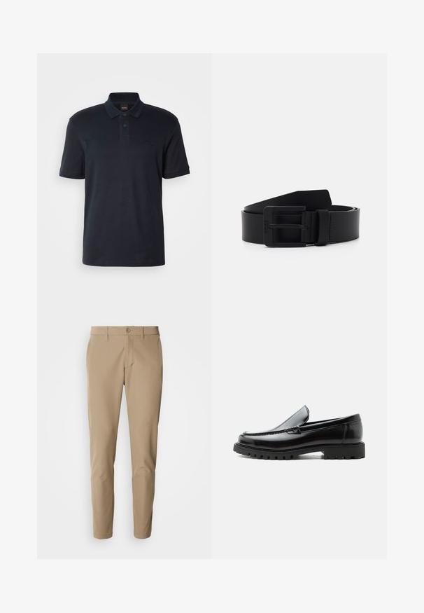 Navyblaues Poloshirt aus Baumwolle, mit klassischem Kragen, kurzen Ärmeln und einem dezenten Logo auf der Brust. Glatte Textur.; Beige Hose aus glattem Stoff mit geradem Schnitt, ausgestattet mit einem Knopfverschluss und frontalen Taschen, ergänzt durch Gürtelschlaufen.; Schwarzer Lederloafer mit grober Gummisohle, genähter Oberseite und geprägtem Markennamen an der Ferse, seitlich auf weißem Hintergrund gezeigt.; Schwarzer Leder Gürtel mit matter Oberfläche, ausgestattet mit einer rechteckigen Metallschnalle und glatter Textur. Einfaches Design ohne Muster oder Akzente.