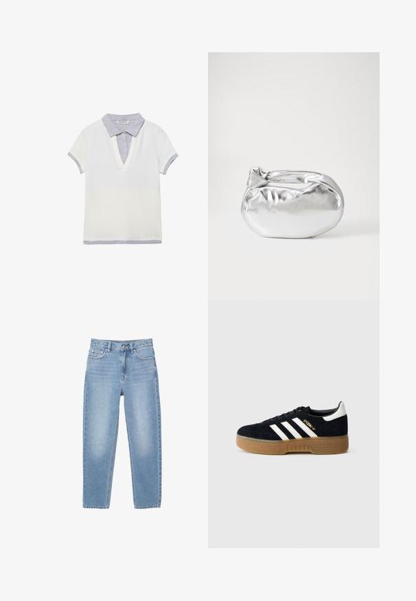 Kurzärmliges weißes Poloshirt mit hellgrauem Kragen, Knopfleiste, Ärmelbündchen und Saumdetails, flach auf einem weißen Hintergrund liegend.; Hellblaue Jeans mit geradem Schnitt, fünf Taschen und einem Front-Reißverschluss. Der Stoff zeigt eine leichte Ausbleichung und eine glatte Textur.; Schwarzer Wildledersneaker mit weißen drei Streifen und goldfarbenem Logo. Gummisohle mit strukturiertem Grip. Klassisches Low-Top-Design, abgerundete Zehenkappe.; Silberne metallic Pouch-Tasche mit einer sanften, abgerundeten Form und einem geknoteten Verschluss oben. Hergestellt aus glattem Kunstleder.