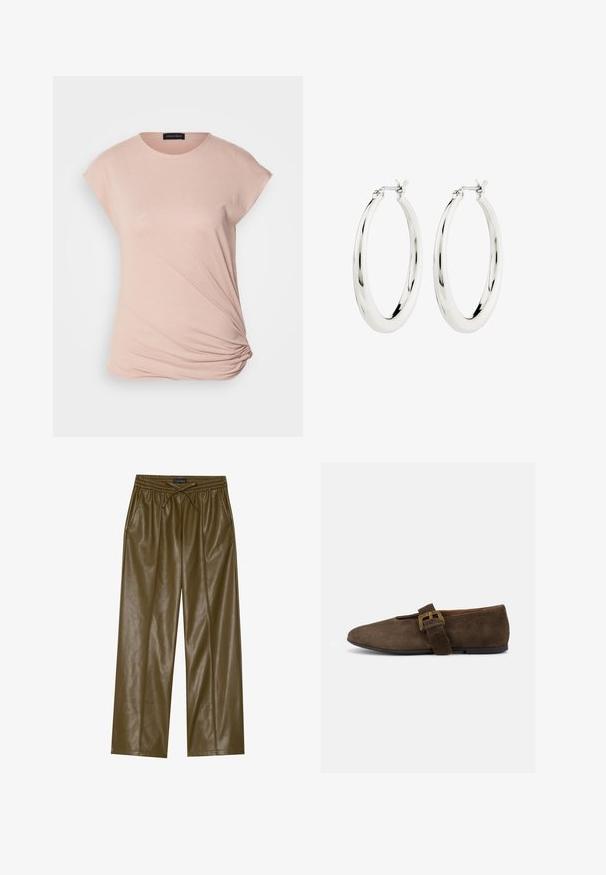 T-shirt rose clair à manches courtes type cap sleeve, fabriqué dans un matériau doux ; présente un détail froncé sur le côté au niveau de l'ourlet.; Pantalons large en simili cuir vert olive avec une taille élastique et un cordon de serrage réglable. Comprend deux poches latérales et une texture lisse.; Chaussure plate en daim marron avec une large bride et une boucle dorée, bout arrondi et semelle noire basse, vue de profil sur fond blanc.; Boucles d'oreilles créoles en argent avec une finition lisse et brillante. Forme circulaire, dotée d'un fermoir sécurisé. Design simple et élégant.