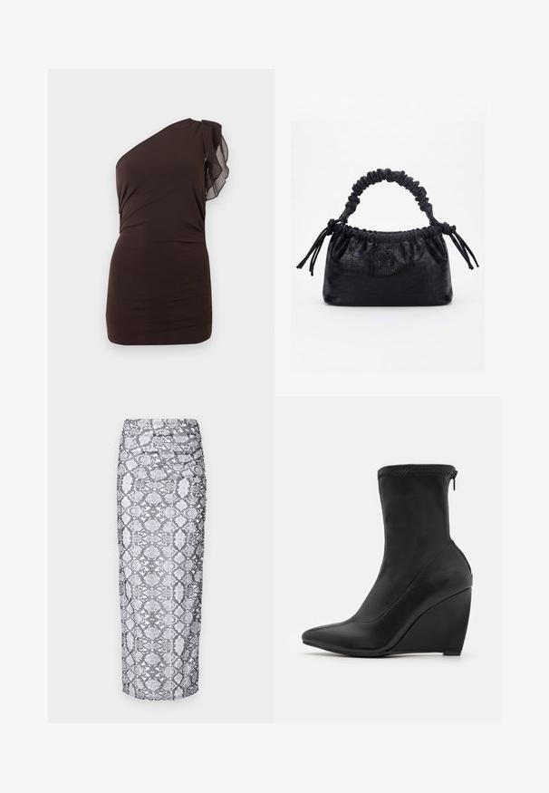 Mørkebrun asymmetrisk minikjole med rynket talje og gennemsigtig flæsedetalje på det ene ærme mod en ensfarvet baggrund.; Python print midi nederdel i sort og hvid, med en tætsiddende silhuet og rynket tekstur langs siderne. Glat stoffinish.; Sort kilelæs ankle boot med spidse tå, glat lædermateriale, lynlås lukning og en slank silhuet, der har stikninger som dekorative detaljer.; Sort taske med krokodilletekstur, rynket øverste kant, samlet hank og snore med kvaster på hver side mod en hvid baggrund.