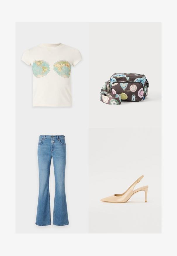 T-shirt blanc à manches courtes avec deux impressions de cartes du monde de style vintage placées sur la poitrine.; CLOSED JOVANNA - Jean bootcut - light blue; Escarpin slingback en cuir verni nude avec un bout pointu, un décolleté ouvert et un talon aiguille fin. Comprend un accent doré circulaire sur la sangle.; Sac bandoulière avec motifs ovales colorés sur fond sombre, poche avant zippée et bandoulière réglable, marqué "STINE GOYA" en lettres dorées.