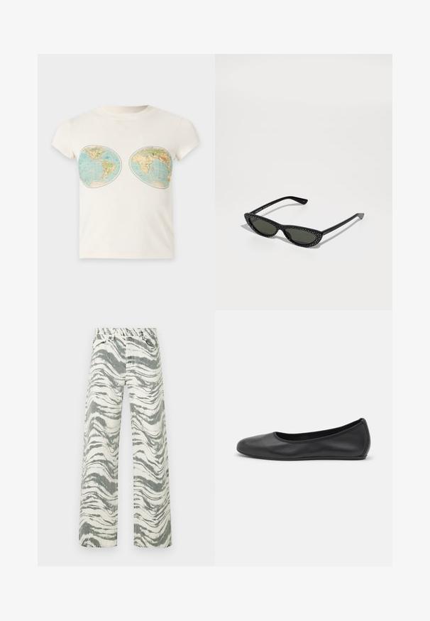 T-shirt blanc à manches courtes avec deux impressions de cartes du monde de style vintage placées sur la poitrine.; Jean taille haute à jambes larges avec imprimé zèbre abstrait noir et blanc et design à cinq poches.; Ballerines en cuir noir avec un bout rond, texture lisse, détails de couture minimalistes et design de semelle flexible.; Lunettes de soleil noires en forme d'œil de chat avec des verres sombres et de petites clous en argent le long des bords de la monture, exposées sur une surface blanche.