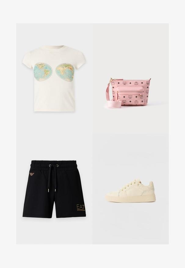T-shirt blanc à manches courtes avec deux impressions de cartes du monde de style vintage placées sur la poitrine.; Shorts en coton noir avec ceinture élastique et cordon de serrage. Présentent un logo doré et des ornements sur le devant. Deux poches latérales.; Baskets en toile beige avec une silhouette arrondie, un lacet à l'avant, des coutures accentuées texturées et une semelle en caoutchouc. Design simple et minimal.; Sac bandoulière en cuir rose avec motif logo MCM noir, fermetures éclair dorées, poche avant et large sangle ajustable sur fond blanc uni.