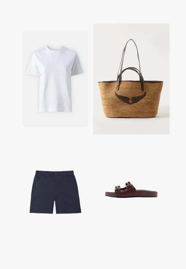 Weißes Baumwoll-T-Shirt mit Rundhalsausschnitt, kurzen Ärmeln, gerader Schnittführung und glatter Textur. Keine Muster oder Verzierungen.; Marineblaue Herren-Casual-Shorts mit Gürtelschlaufen, vorderer Knopföffnung, Seitentaschen und gerade geschnittenem Saum.; Bordeauxfarbene Rutschsandalen aus glattem synthetischem Material. Verfügen über zwei verstellbare Riemen mit goldfarbener Hardware und einer strukturierten schwarzen Sohle.; Geflochtene Strohtasche mit dunkelbraunen Lederhenkeln und einem flügelförmigen Lederakzent auf der Vorderseite.