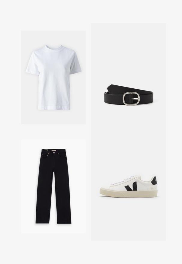 Weißes Baumwoll-T-Shirt mit Rundhalsausschnitt, kurzen Ärmeln, gerader Schnittführung und glatter Textur. Keine Muster oder Verzierungen.; Schwarze Denim-Jeans mit geradem Schnitt, fünf Taschen, Kupferbeschlägen und einer glatten Textur. Zwei Etiketten sind am Bund sichtbar.; Weißes Leder-Sneaker mit schwarzem Gummi-V-Logo. Strukturierte cremefarbene Sohle, weiße Schnürsenkel und Fersendetail in Schwarz mit dem Markennamen.; Schwarzer Lederbelt mit glatter Oberfläche, ausgestattet mit einer silbernen, rechteckigen Schnalle und einem klassischen Design. Die Enden laufen spitz zu.