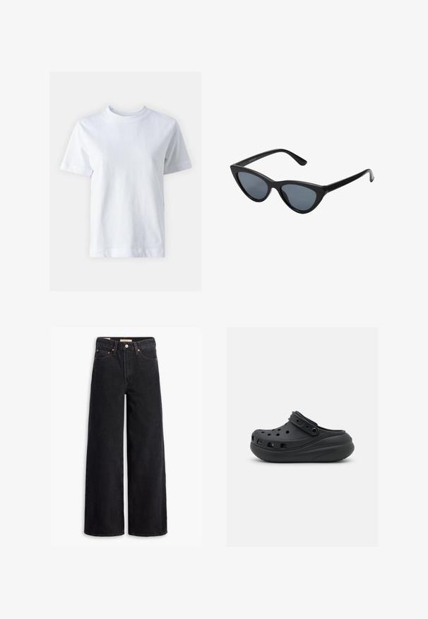 Hvid bomulds t-shirt med rund halsudskæring, korte ærmer, lige snit og glat tekstur. Ingen mønstre eller dekorationer.; Sorte brede benjeans lavet af denim, med fem lommer, kobbernitter og en klassisk knaplukning. Glat tekstur med et rent design.; Sorte gummiklipper med ventilationshuller, hævet hæl og justerbar rem. Glat tekstur og rund form.; Sorte katteøje solbriller med mørkegrå linser, slankt plastisk stel, spidse hjørner og lige stænger. Ingen synlig hardware eller dekorationer.