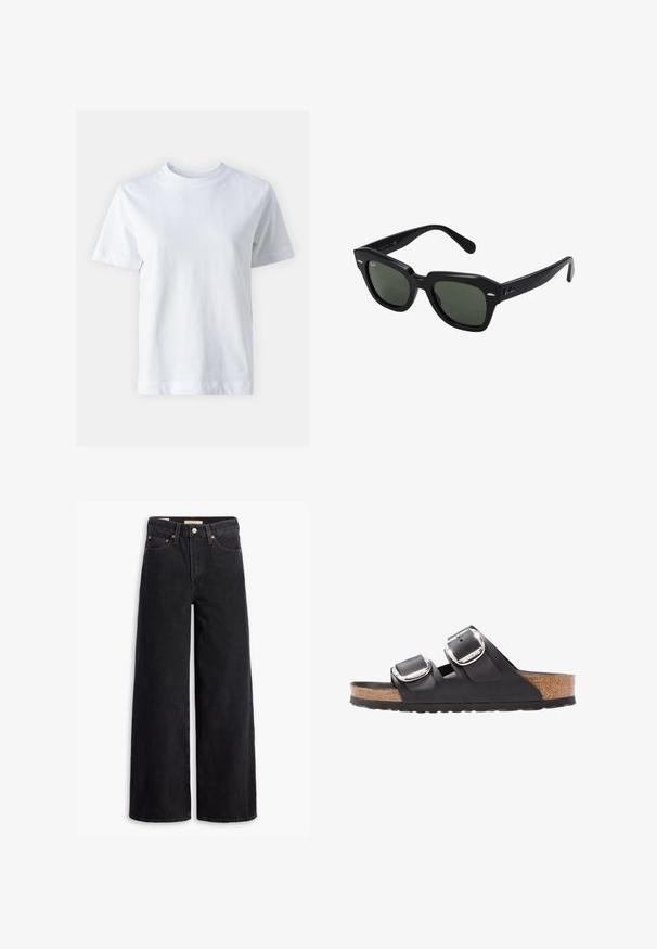 Weißes Baumwoll-T-Shirt mit Rundhalsausschnitt, kurzen Ärmeln, gerader Schnittführung und glatter Textur. Keine Muster oder Verzierungen.; Schwarze weite Jeans aus Denim mit fünf Taschen, Kupferrivets und einem klassischen Knopfverschluss. Glatte Textur mit einem klaren Design.; Schwarze Sandale mit zwei verstellbaren Riemen, silbernen Schnallen und einem Korkfußbett auf einer strukturierten schwarzen Gummisohle.; Schwarze quadratische Sonnenbrillen mit dunkelgrünen Gläsern, ausgestattet mit markanten Rahmen und silbernen Akzenten an den Seiten. Hergestellt in Italien.