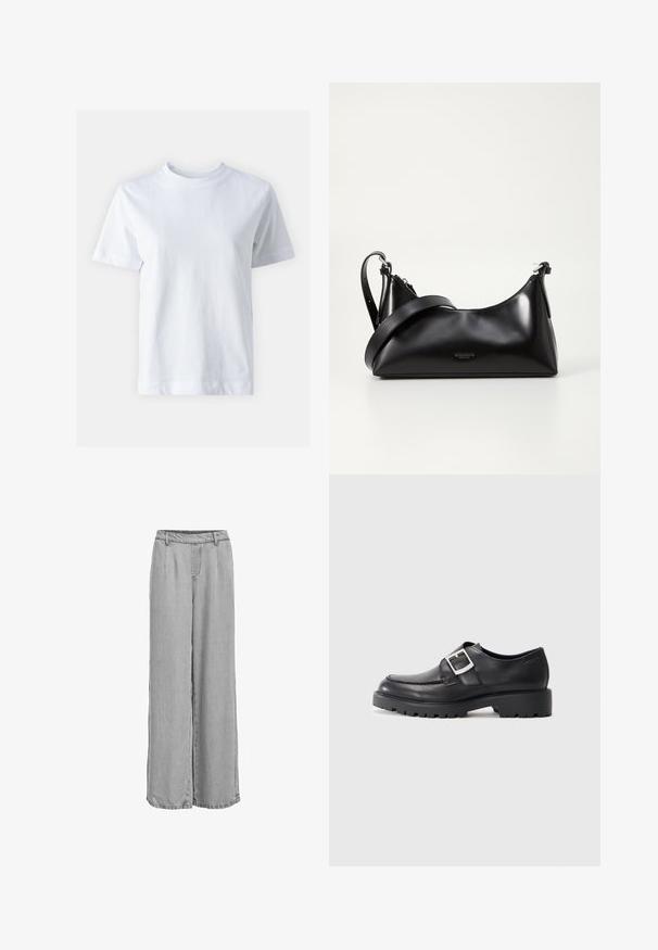 T-shirt en coton blanc avec un col rond, manches courtes, coupe droite et texture lisse. Sans motifs ni embellissements.; Pantalon large gris clair avec ceinture élastique et passants pour ceinture, présentant des coutures à l'avant et à l'arrière pour la forme.; Chaussures en cuir noir avec un bout arrondi, présentant un détail de boucle sur le côté et une semelle épaisse et robuste. Texture lisse avec peu de coutures.; Sac à main en cuir noir avec une texture lisse. Dispose d'une bandoulière adjustable et d'un design élégant et minimaliste avec une fermeture éclair.