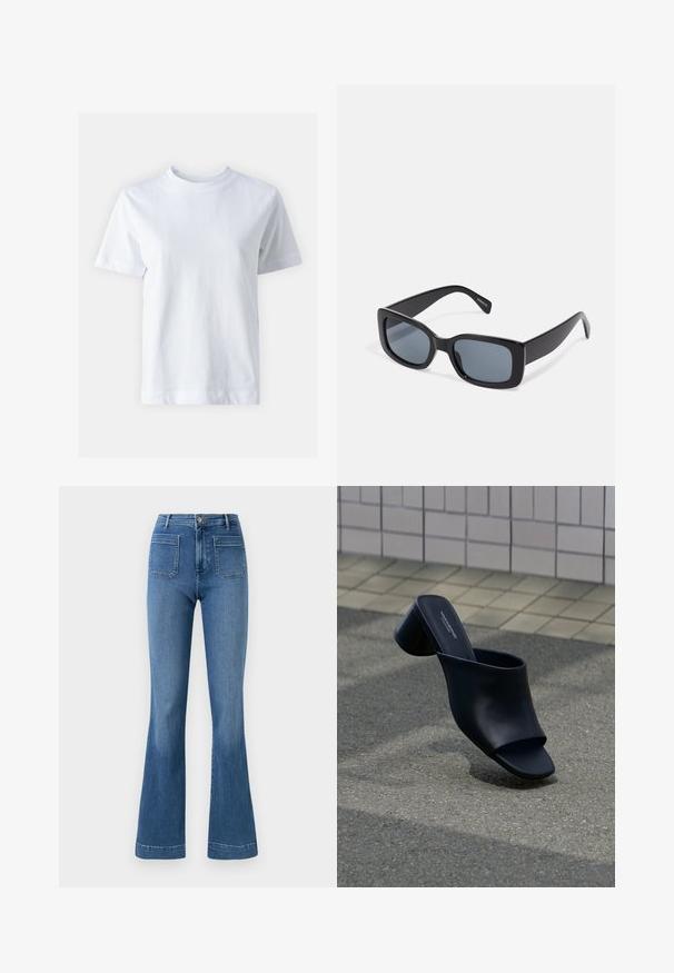 Hvid bomulds t-shirt med rund halsudskæring, korte ærmer, lige snit og glat tekstur. Ingen mønstre eller dekorationer.; Bredde blå jeans lavet af denim med mellemhøj talje, der har to baglommer og en ren søm. Glat tekstur og klassisk design.; Sort læder åben tå mule med blok hæl, placeret på asfalt nær flisebelagt overflade.; Sorte rektangulære solbriller med mørkt tonede linser, tyk plastramme og brede stænger. Glat overflade og kantet design.