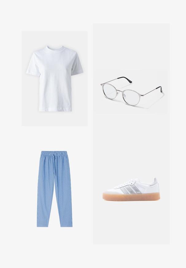 Weißes Baumwoll-T-Shirt mit Rundhalsausschnitt, kurzen Ärmeln, gerader Schnittführung und glatter Textur. Keine Muster oder Verzierungen.; Blau-weiß gestreifte Hosen mit elastischem Bund und Kordelzugverschluss, flach auf weißem Hintergrund liegend.; Weißer Sneaker in niedrigem Schnitt mit brauner Sohle, seitlichen silbernen Streifenakzenten und Schnürverschluss, dargestellt vor hellem einfarbigem Hintergrund.; Metallisch silberne Brille mit runden Gläsern und einem dünnen Rahmen. Schwarze Bügelspitzen bieten einen Kontrast. Verstellbare Nasenpolster sind inkludiert.