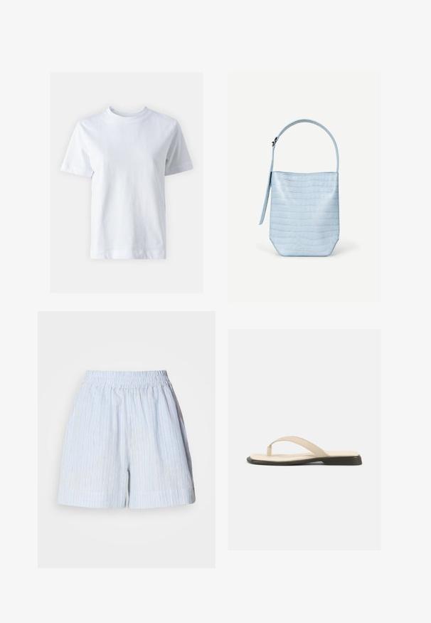 T-shirt en coton blanc avec un col rond, manches courtes, coupe droite et texture lisse. Sans motifs ni embellissements.; Shorts bleu clair avec des rayures verticales blanches et bleu foncé. Dotés d'une taille élastique et d'une coupe décontractée. Fabriqués en un matériau doux.; Sandale plate beige à bride en forme de tongs avec une semelle intérieure rembourrée et une semelle noire, vue de côté sur fond blanc.; Sac à main bleu clair avec texture crocodile, forme rectangulaire, poignée unique en haut et une bandoulière latérale suspendue sur un fond blanc uni.