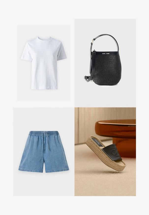 T-shirt en coton blanc avec un col rond, manches courtes, coupe droite et texture lisse. Sans motifs ni embellissements.; Shorts en denim bleu clair avec une taille élastique et un cordon de serrage. Ils disposent de poches latérales et d'une coupe décontractée avec des ourlets cousus.; Sandale à plateforme beige avec semelle tressée et tige en cuir noir embossée du logo "CK", placée près d'une table circulaire marron.; Sac à main tissé noir avec base arrondie, garniture en cuir, bandoulière réglable et logo de la marque Samsøe Samsøe sur la bande supérieure.