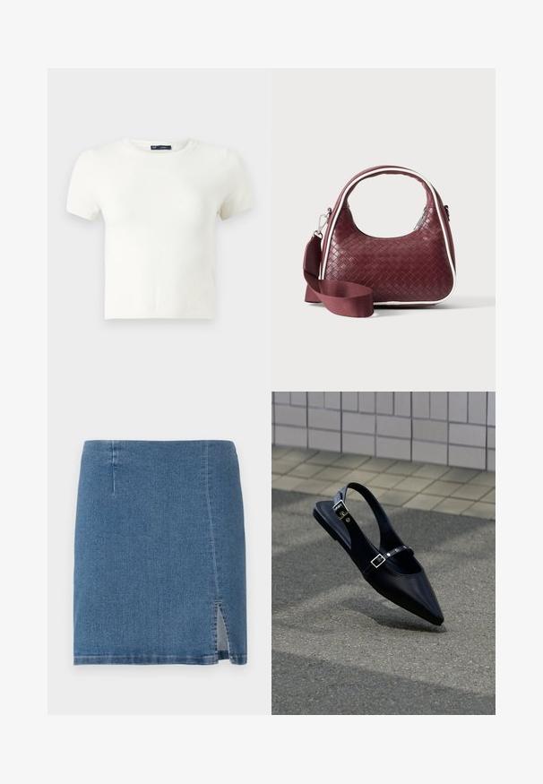 T-shirt blanc à manches courtes fabriqué à partir d'un matériau doux. Présente un design classique à col rond et une coupe ajustée sans motifs ni accents visibles.; Jupe en denim mini en bleu moyen, avec une coupe droite, une légère fente sur le côté et des coutures propres le long de l'ourlet et des coutures.; Mocassin noir à bout pointu et bride arrière, avec double boucle, posé sur un asphalt gris près d'un mur carrelé en arrière-plan.; Sac à main en cuir tressé marron foncé avec poignée courbée, garniture blanche, fermeture éclair argentée et bandoulière large en tissu amovible sur fond uni.
