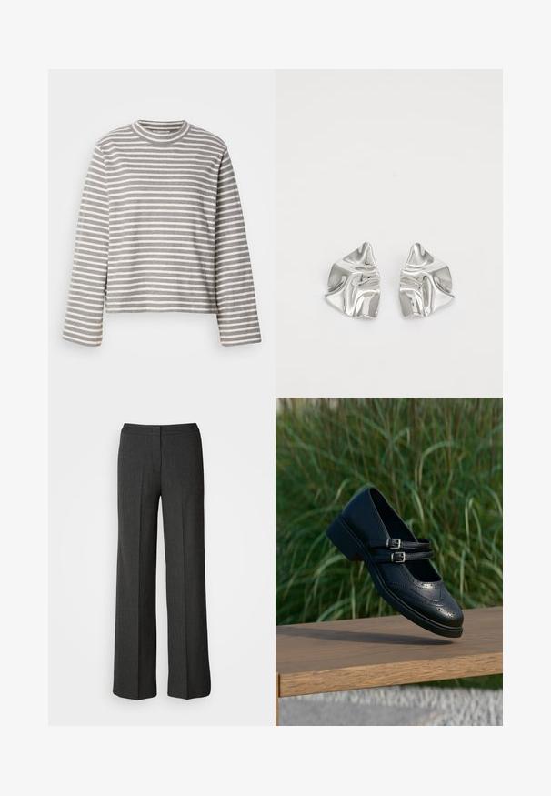 Top de manga larga a rayas en gris claro y blanco, con un cuello redondo y un corte relajado. La tela parece suave, con una superficie ligeramente texturizada.; Pantalones de pierna ancha en gris oscuro, hechos de tejido texturizado. Cuentan con una cinturilla ajustada y un sutil patrón de rayas.; Zapato Mary Jane negro de cuero con dobles correas con hebillas y detalles brogue, flotando sobre un banco de madera con fondo de césped verde.; Pendientes de metal plateado con un diseño ondulado y escultórico, que presentan un acabado pulido y formas irregulares, destacando una estética contemporánea.