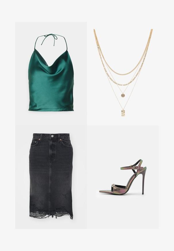 Even&Odd Top - dark green; ONLY ONLMIKA LONG PENCIL - Puzdrová sukňa - washed black; Sandal s vysokým podpätkom s viacfarebným, textúrovaným hadím vzorom. Obsahuje nastaviteľné členkové remienky a špicatý dizajn špičky.; Zlatý viacvrstvový náhrdelník obsahujúci rôzne štýly reťazí, vrátane hrubých článkov a jemných reťazí, s okrúhlymi a obdĺžnikovitými zaveseniami.