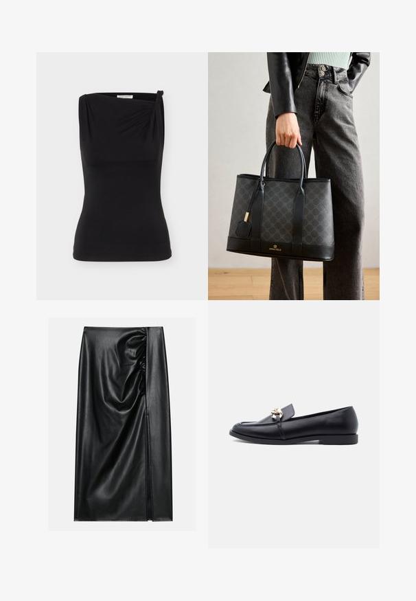 Haut noir sans manches ajusté avec un décolleté asymétrique et un petit nœud sur une épaule.; Jupe en cuir noir avec une texture lisse, présentant une section froncée sur un côté et une fente sur le côté pour un détail supplémentaire.; Mocassin en cuir noir avec talon bas et détail de chaîne dorée sur le dessus, vu de côté sur un fond uni clair.; Sac fourre-tout noir avec un motif subtil, des accents en cuir, des poignées robustes et un logo doré en bas. Porté par une personne en jeans gris.