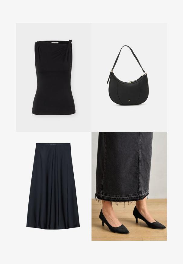 Zwarte, mouwloze nauwsluitende top met asymmetrische halslijn en een klein knoopdetail op één schouder.; Zwarte, knielange rok van lichtgewicht stof met een vloeiende uitstraling. Kenmerkt zich door een gladde textuur en subtiele plooien voor extra detail.; Zwarte suède pumps met een spitse neus en een hak van 7,5 cm, in combinatie met een lange, donkere spijkerrok met rafelige uiteinden.; Zwarte leren handtas met een gebogen vorm, textuuroppervlak, voornaden en een logo in goudkleur. Beschikt over een enkele verstelbare schouderband.