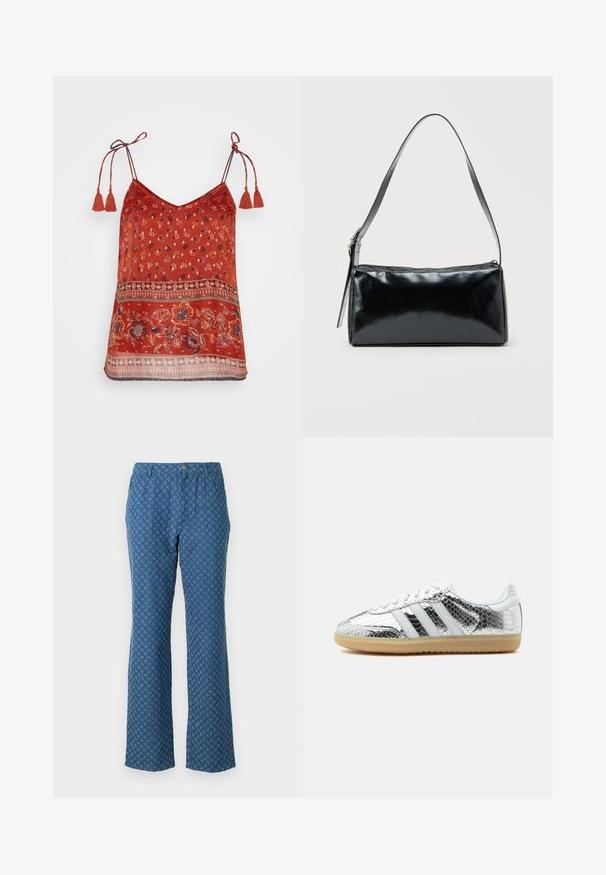 Vero Moda VMLUCY STRING SINGLET BOHO - Topp - barn red; Sinised mustrilised püksid, millel on laienev disain, ning millel on ruuduline muster ja üks esi nööp sulgemiseks. Pehme kangastekstuuri.; Madala otsaga toss, millel on hõbedane metallik-madonnahnaha tekstuur, valged triibud, valged paelad ja hele kummist tall valgel taustal.; Must ristkülikukujuline õlakott ühe reguleeritava rihmaga ja ülemise tõmblukuga, ühtlase taustaga.