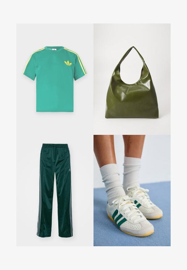 Groen katoenen T-shirt met korte mouwen, met gele strepen langs de schouders en een geborduurd logo van drie bladeren op de borst.; Donkergroene sportbroeken van glanzend materiaal, met zijstrepens in lichtgrijs en een geborduurd logo op het linkerbeen.; Voeten met witte sneakers met groene strepen en witte geribbelde sokken die op een lichtblauw tapijt staan.; Groene leren hobotas met een slordig ontwerp, gebogen handvat en een gladde textuur. Bevat geen zichtbare hardware of accenten.