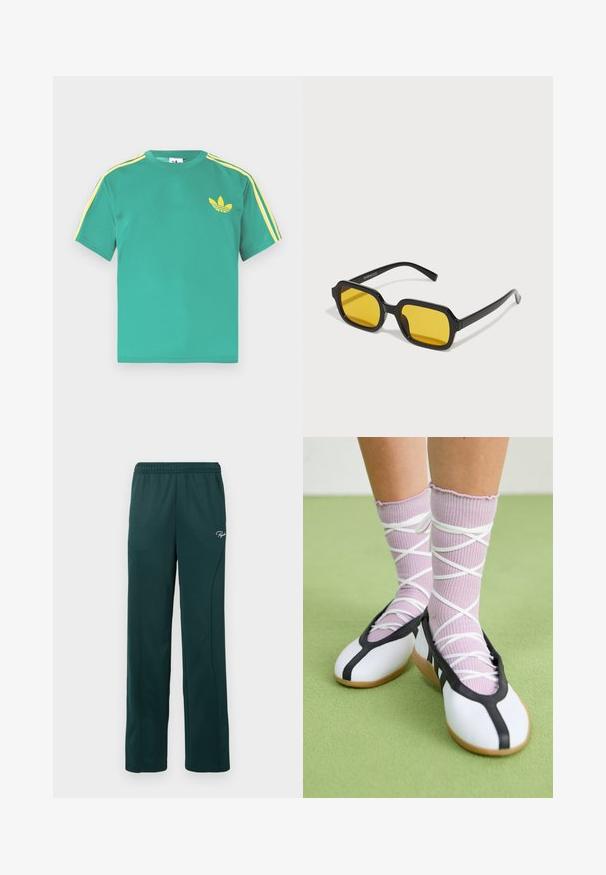 Camiseta de algodón verde con mangas cortas, con rayas amarillas a lo largo de los hombros y un logo bordado de tres hojas en el pecho.; Pantalones de chándal verde oscuro hechos de una tela suave, con una cintura elástica y costuras laterales, y un pequeño logo en la parte delantera.; Piernas con calcetines lavanda acanalados con tiras blancas cruzadas combinados con bailarinas blancas con ribete negro sobre un suelo verde.; Gafas de sol negras rectangulares con lentes amarillos. Presentan montura gruesa y un diseño angular con un acabado liso y brillante.